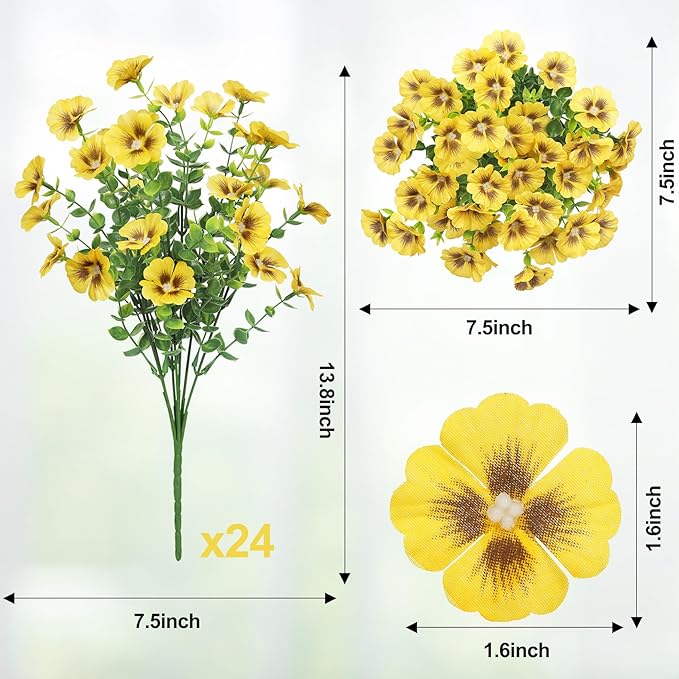 24 Bundles Artificial Flowers for Outdoors Fake Silk Flowers UV Resistant Faux Plants Eucalyptus for Spring Summer Decoration Planters Table Vase Garden Yard Porch Window Home Decor, Yellow