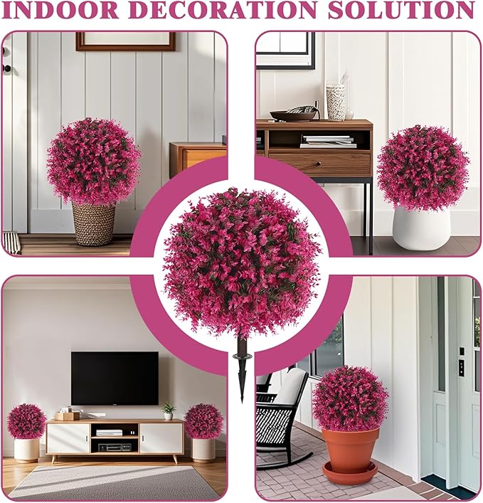 Grooy Artificial Topiary Tree with Pink Eucalyptus, Set of 2 Artificial Shrub Bushes with Ground Spike, Fake Evergreen Tree for Porch, Artificial Plants for Outdoor Planters Indoor UV Resist