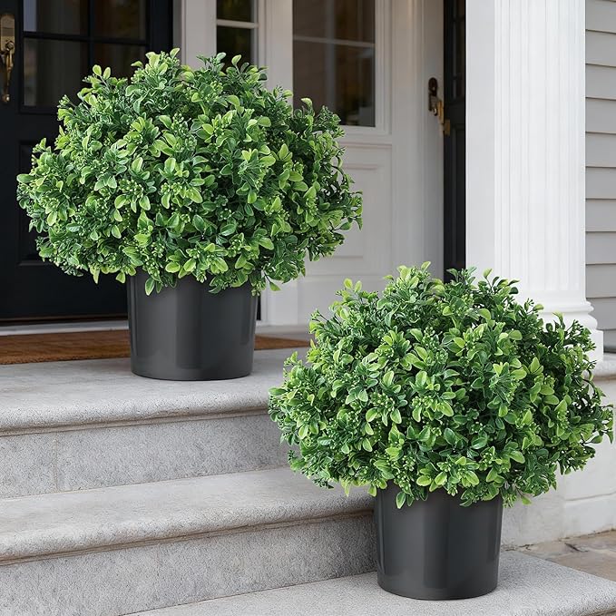 Set of 2 Artificial Boxwood Topiary Ball Trees for Front Door - Realistic Faux Aglaia Odorata Bush with Pot, Fake Eucalyptus Leaves Potted Plants for Porch Farmhouse Outdoor Decor (Green)