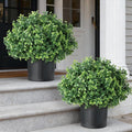 Set of 2 Artificial Boxwood Topiary Ball Trees for Front Door - Realistic Faux Aglaia Odorata Bush with Pot, Fake Eucalyptus Leaves Potted Plants for Porch Farmhouse Outdoor Decor (Green)