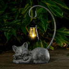 WSgift Outdoor Cat Figurine Garden Statue with Solar-Powered LED Light 13.77 Inches Tall Gift Garden Statue Decor for Cat Lovers Marbled