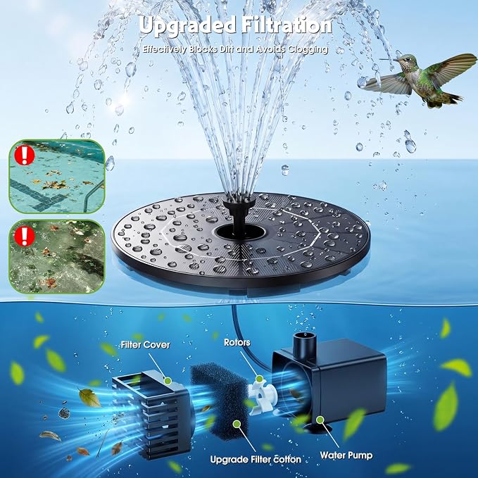 AISITIN DIY Solar Fountain Pump for Water Feature with 3.9ft Cord, Solar Bird Bath Fountain with 6 Nozzles, Solar Powered Water Floating Fountain for Bird Bath, Garden, Ponds Fish Tank, Outdoor