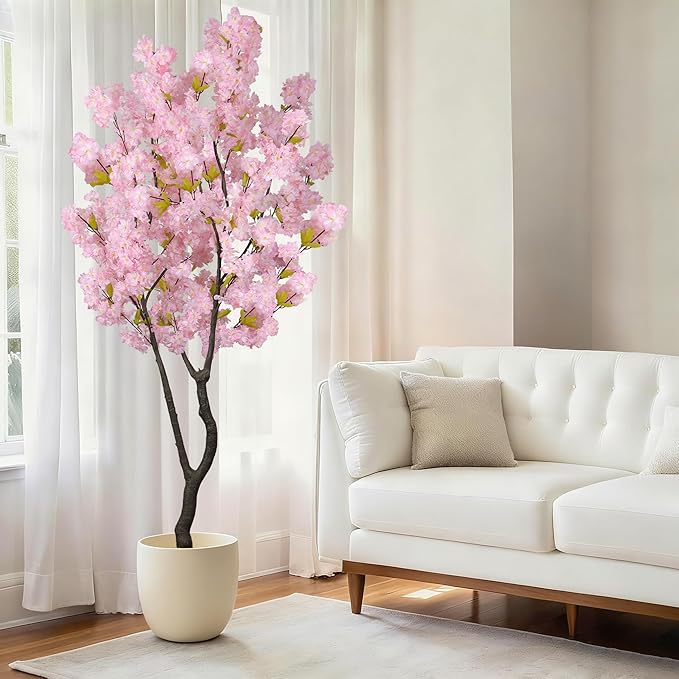 Faux Pink Cherry Blossom Tree 6.5ft(78in) Artificial Pink Silk Flower Tree Lifelike Large Fake Floral Tree for Wedding Realistic Elegant Cherry Sakura Plant in Pot for Home,Living Room,Office