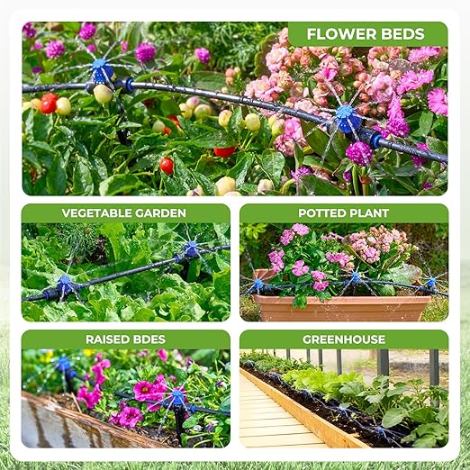 HIRALIY 50FT Garden Drip Irrigation Kit, Automatic Watering System with 5-Way Connector, Quick Connectors, Adjustable Drippers, Raised Bed, Patio