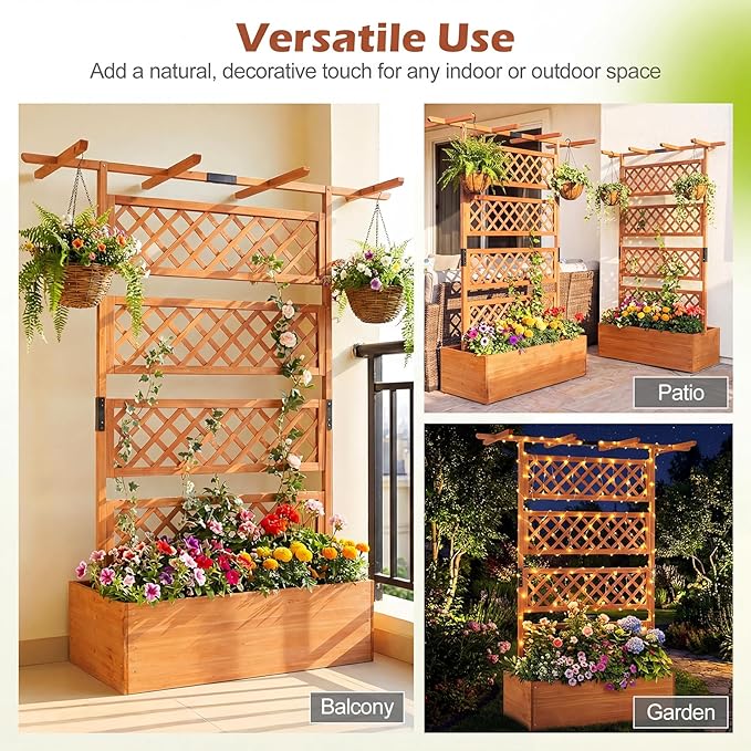 Giantex Raised Garden Bed with Trellis, 72'' Wooden Planter Box Outdoor w/Privacy Screen Roof, Large Vertical Garden Planter w/Drainage Holes for Climbing Plants, Patio Balcony Backyard