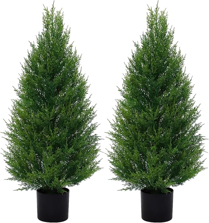 2Pack 3FT Artificial Cedar Trees in Pots, UV Resistant Faux Evergreen Plants for Indoor Outdoor Decoration, Modern Porch & Entryway Greenery