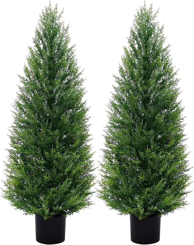 2Pack 4FT Artificial Cedar Trees in Pots, UV Resistant Faux Evergreen Plants for Indoor Outdoor Decoration, Modern Porch & Entryway Greenery