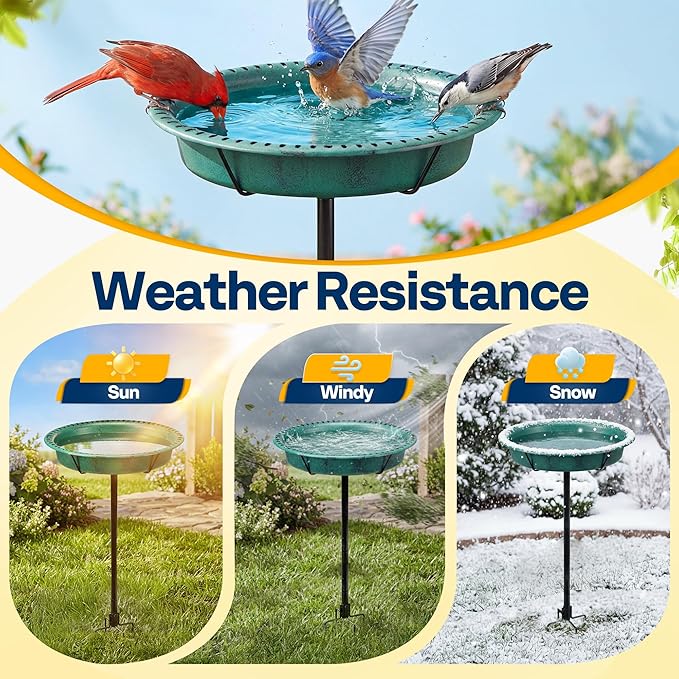 VIVOHOME Oval Bird Bath for Outside, Outdoor Birdbath Bowl with Metal Ground Stake, Weather-Resistant ABS Bird Bath and Feeder for Garden, 1.3 Gallons, Green