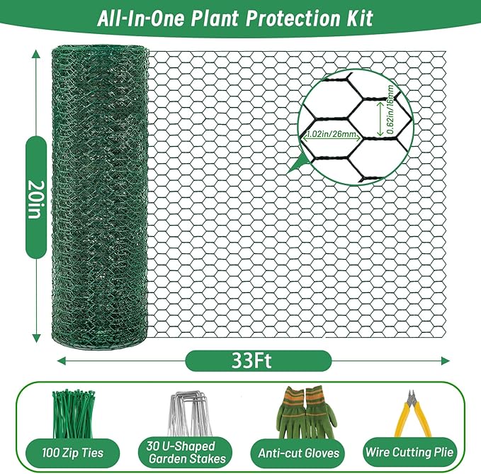 Plant Protectors from Animals, 16.4 x 16In Green PVC Coated Galvanized Chicken Wire Mesh Roll, 0.8mm Free-Cut Plant Cage with Ties, Stakes, Gloves, Pliers & Floral Wire (33Ft*20In)
