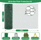 Plant Protectors from Animals, 16.4 x 16In Green PVC Coated Galvanized Chicken Wire Mesh Roll, 0.8mm Free-Cut Plant Cage with Ties, Stakes, Gloves, Pliers & Floral Wire (33Ft*20In)
