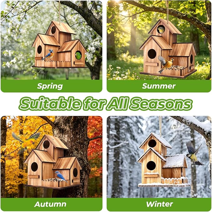 Bird Houses for Outside, 3-Hole Large Wooden Birdhouse for Bluebirds Finches Cardinal Hummingbird, Bird House for Outdoors Hanging Bird House Clearance Garden Courtyard Decor