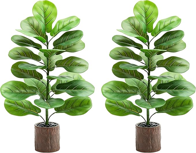 2 Pack Artificial Fiddle Leaf Fig Tree 30in, Faux Fig Trees Floor Plant in Pot Fake Ficus Lyrata Plant, Table Top Plant with Fiddle Leaves for Indoor Outdoor Home, Office, Living Room, Bathroom Decor