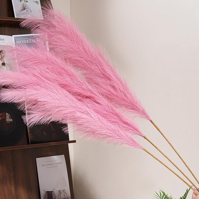 Premium Faux Dark Pink Pampas Grass – 55" 8pcs Tall Ultra-Fluffy 24-Branch One-Piece Stems No Assembly, Luxury Silk-Feel Feather Flowers for Boho Wedding Girls Room Home Decor (Magenta, 8 Stems)