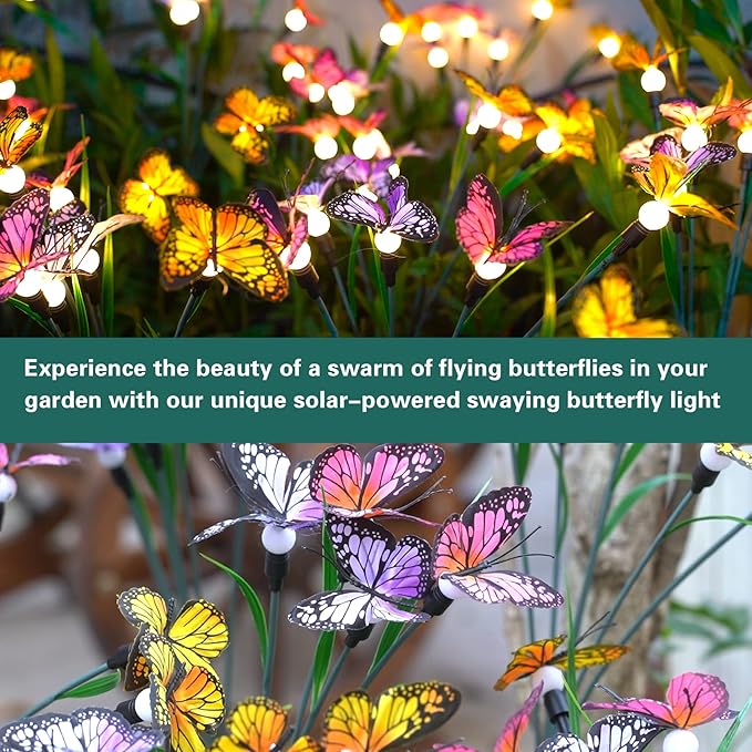 TONULAX Solar Garden Lights - 2 Pack Swaying Butterfly Light, Swaying in The Wind, Solar Outdoor Lights, Yard Patio Pathway Decoration, High Flexibility Iron Wire & Realistic Butterflies (2 Pack)
