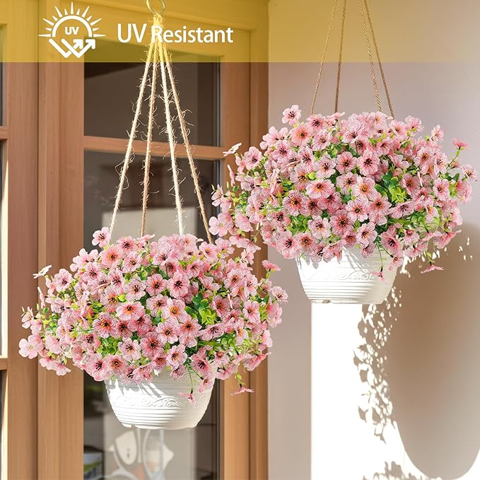 ATTGREAT Artificial Flowers Outdoor Faux Plants UV Resistant Fake Patio Flowers Plastic Greenery Plnats Outside Bulk for Spring Garden Hanging Planter Home Vase Decor, 12 Bundles (Pink)