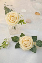 Floroom Artificial Flowers 25pcs Real Looking Creamy Yellow Foam Fake Roses with Stems for DIY Wedding Bouquets Bridal Shower Centerpieces Floral Arrangements Party Tables Home Decorations