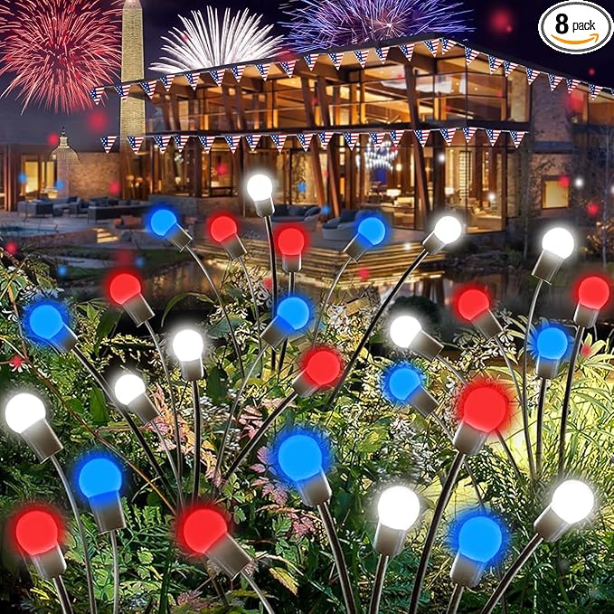 4th of July Decorations Outdoor, 8 Pack Red White and Blue Solar Garden Lights 48 LED, 2 Modes Solar Firefly Lights Outdoor Waterproof for Independence Day Garden Yard 250 Anniversary USA Decoration