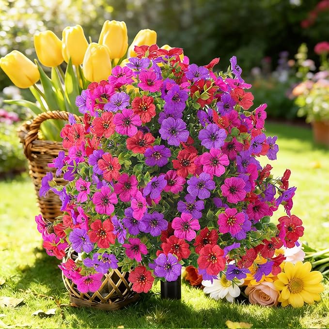 Alupssuc 2Pcs 20" Artificial Topiary Ball Flowers for Outdoors, Spring Decoration with Spike, UV Resistant Faux Summer Plants, Fake Bushes Indoor Decor, Red Rose Purple for Garden, Porch & Patio, Home