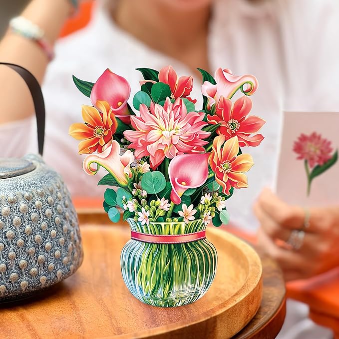 Freshcut Paper Pop Up Cards, Mini Dear Dahlia, 6 Inch Mini Sized Forever Flower Bouquet 3D Popup Greeting Cards, Birthday Card, Thank You Card, Blank Notecard & Envelope
