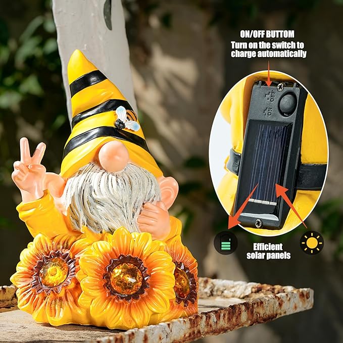 Joint Honglin Garden Sculptures & Statues Resin Summer Bee Gnome with Sunflower, Outdoor Funny Decoration Solar Light Figurine Gifts for Yard, Patio Decor for Mom