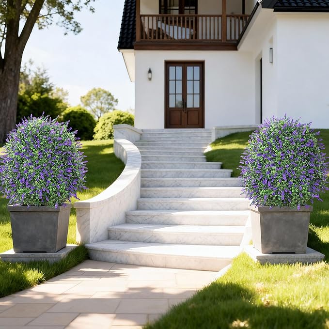 26'' Artificial Boxwood Topiary Trees with Lavender Flowers 2 Pack Fake Plants for Outdoor Indoor Artificial Shrubs with Metal Ground Spike UV Resistant Fake Bushes for Front Porch Garden, White