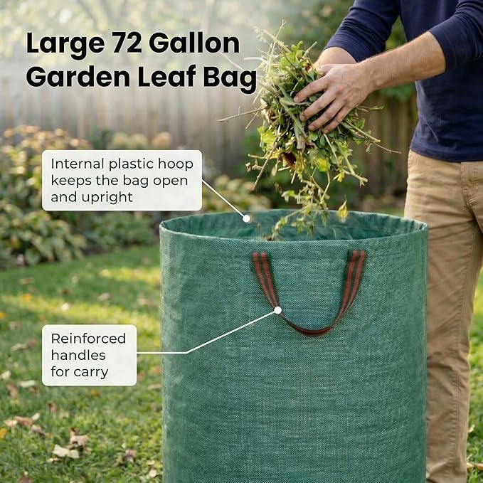 Gardzen 3-Pack 72 Gallon Yard Waste Bags, Reusable Heavy Duty Collapsible Garden Leaf Bags with Plastic Ring, Stand-Up Yard Waste Bin for Leaves, Lawn Debris & Grass Clippings