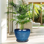 10 Inch Ceramic Planter Pot, Ceramic Plant Pot for Indoor Outdoor Plants, Large Flower Pot with Drainage Hole and Saucer, Blue