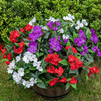 Nigirior Artificial Fake Flowers for Outdoor Décor 6 Bundles UV Resistant Fake Plants for Planter Faux Impatiens for Home Porch/Garden Stunning（Red/White/Purple）