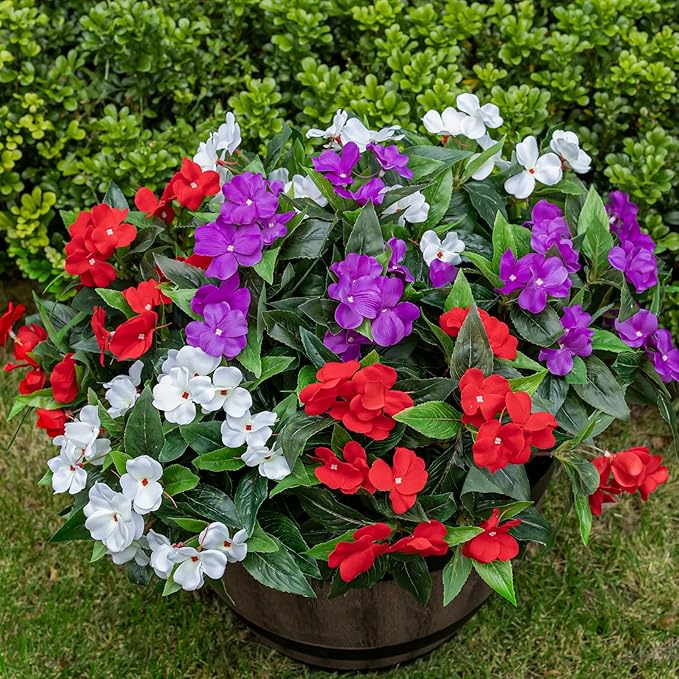 Nigirior Artificial Fake Flowers for Outdoor Décor 6 Bundles UV Resistant Fake Plants for Planter Faux Impatiens for Home Porch/Garden Stunning（Red/White/Purple）