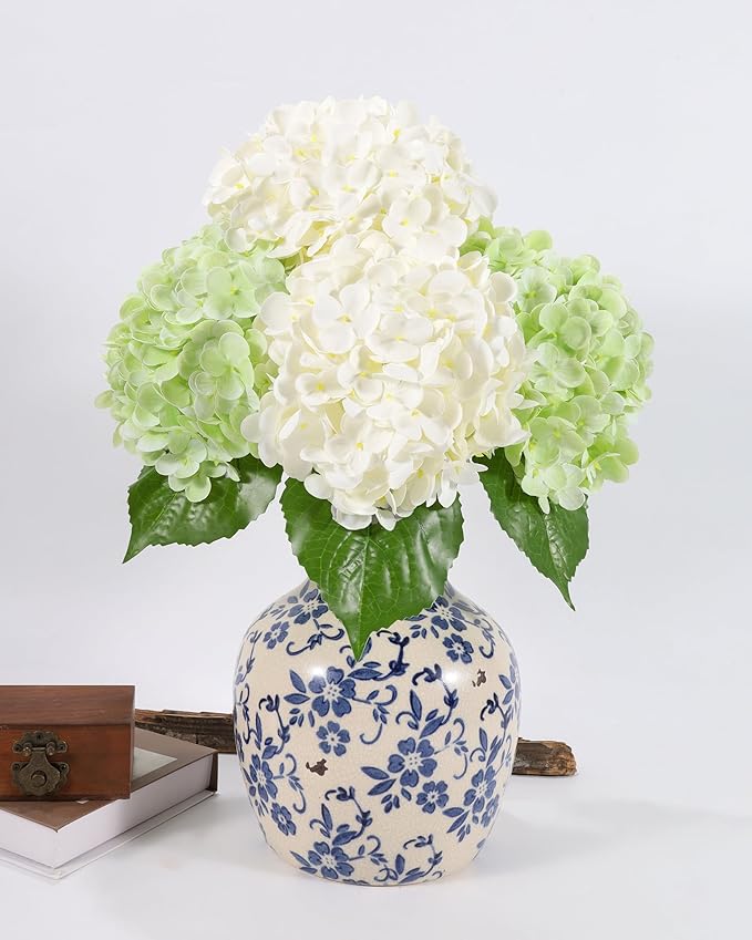 DuHouse 4Pcs Large Hydrangea Artificial Flowers,20 inch Latex Real Touch Hydrangeas for Home Wedding Bouquets Centerpieces Party Living Room Decoration(2Pcs Light Green+2Pcs White)