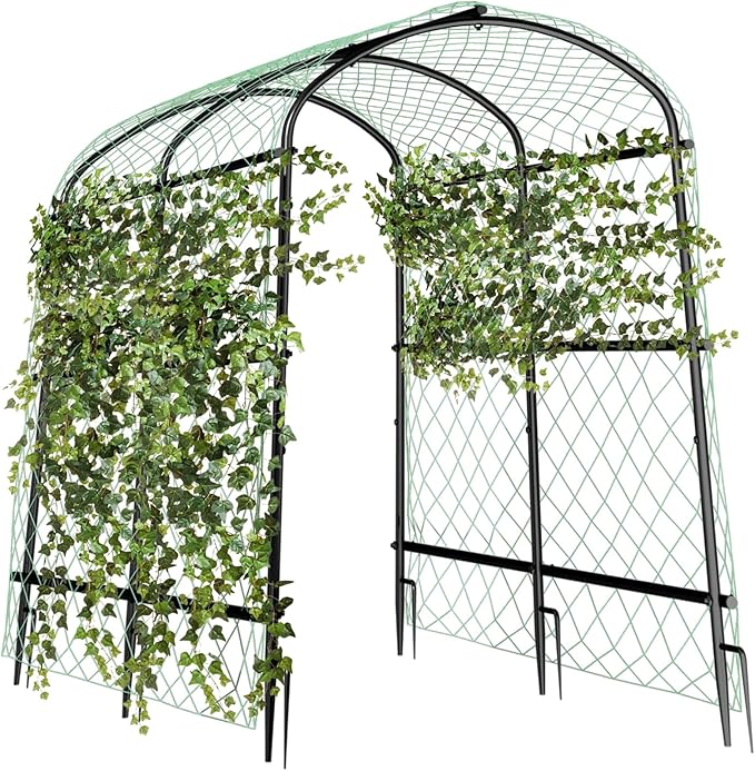 unho 63inch Metal Garden Trellis Arch for Climbing Plants - Polyethylene-Coated Anti-Rust, Heavy Duty, Wide Walk-Through Outdoor Arch with Net, for Cucumber Tomato Squash Zucchini Peas Grape Flowers
