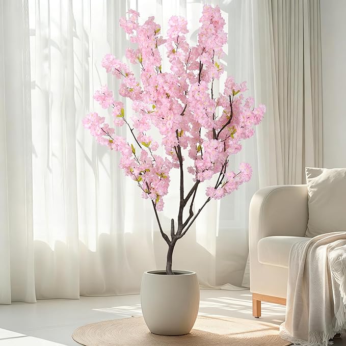 Faux Modern Pink Cherry Blossom Tree 7ft(84in)Tall Artificial Japanese Sakura Tree Decor Natural Fake Pink Floral Tree for Wedding Realistic Silk Plant in Pot for Home Living Room,Office,Outdoor Decor