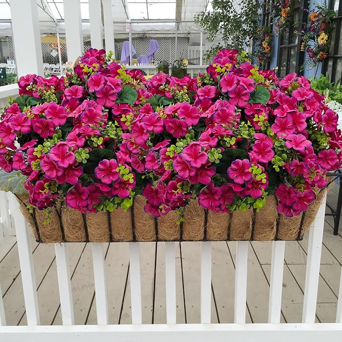 Artificial Geranium Flowers for Outdoor Decoration, 6 Bundles UV Resistant Silk Geranium Fake Plants Faux Flowers for Front Porch Garden Patio Window Box Outside Indoor Decor (Purplish Red)