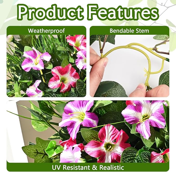 Waipfaru Artificial Plants & Flowers, UV Resistant Fake Plants Artificial Flowers Outdoors, Realistic Faux Petunias Fake Hanging Plants for Home Outside Garden Balcony (10 Bundle Fuchsia Lotus)
