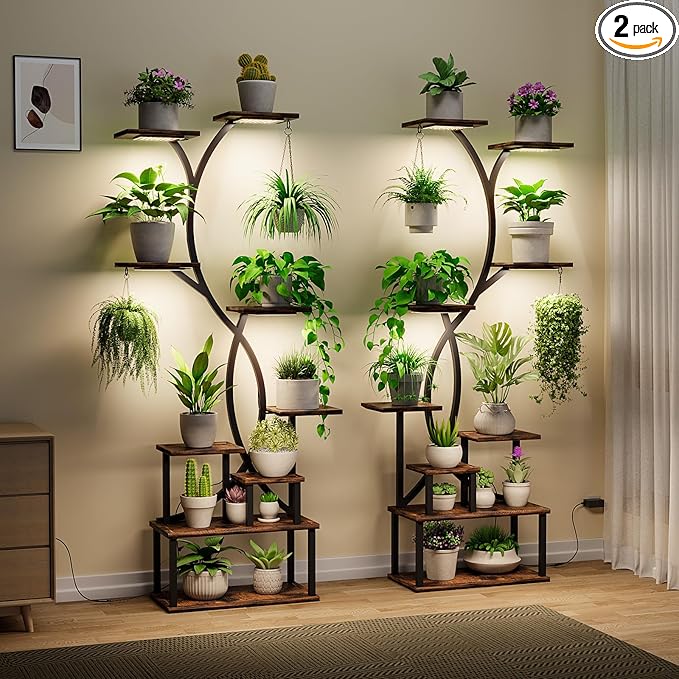 Plant Stand Indoor with Grow Lights 9 Tiered Wood Plant Shelf 62" Tall Plant Stand Metal Frame for Indoor Plants Multiple Flower Pot Holder, Large Plant Rack for Living Room Patio Corner 2 Pack
