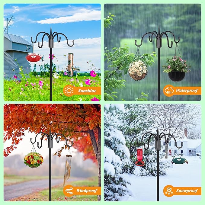 FEED GARDEN 92 Inch Four Shepherd Hooks for Outdoor,Bird Feeder Pole with 5 Prong Base, Adjustable Shepard Hooks for Hanging Plant, Solar Lanterns, Wind Chimes, 2 Pack