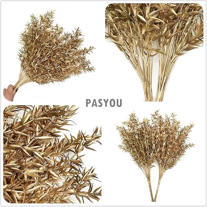PASYOU Fake Plants Christmas Decorations, Artificial Flowers Golden Plastic Shrubs Faux Leaves Outdoor Indoor Home Garden Party Room Bedroom Office Wedding Table Centerpiece DIY Decor, Gold 6 Bunches