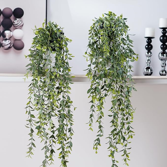 Artificial Hanging Plant 2 Pcs Faux Plant Ivy Vine Faux Eucalyptus Vines Fake Potted Greenery for Wall Living Room Home Shelf Office Bathroom Outdoor Indoor Decor (Type 2)