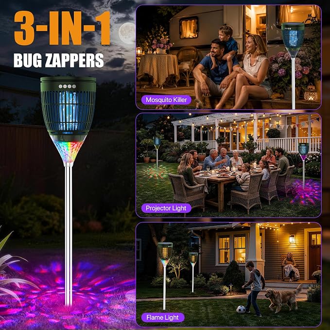 Rossetta Solar Bug Zapper Outdoor, Mosquito Zapper with Flame Lamp & Projector Light, 4200V Electric Fly Zapper Waterproof Rechargeable Mosquito Killer, Cordless Fly Trap for Patio, Backyard, Garden