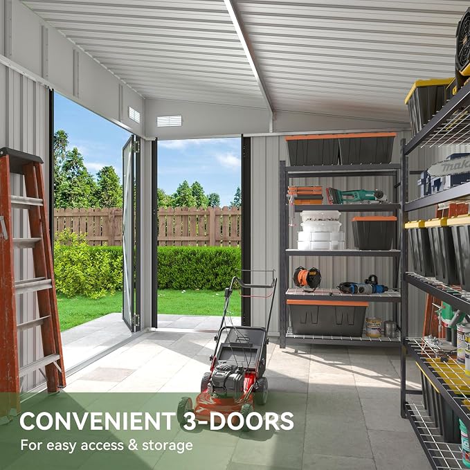 Aoxun 12'x7.3' Outdoor Storage Shed with Triple Lockable Door, Metal Storage Shed with Slopping Roof for Tools Bicycles Storage in Garden, Backyards, Black