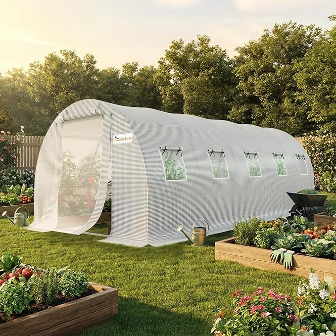 KING BIRD Premium 25x10x6.6FT Greenhouse for Outdoors, Large Walk-in Upgraded Galvanized Metal Frame, Mesh Door Screen Window Improved Zipper Tunnel Hoop for Garden Plant Winter, 2 Stiffeners, White