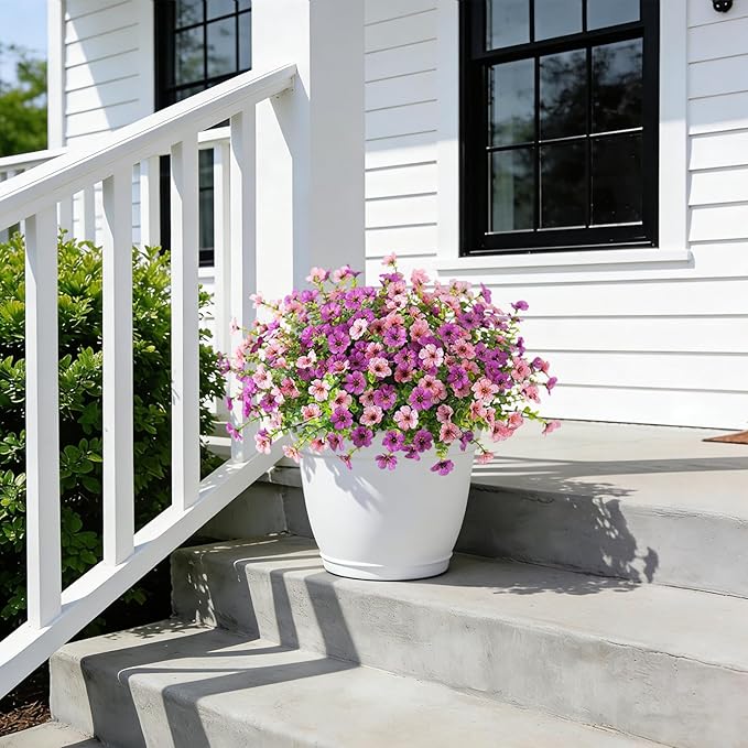 Ammyoo Artificial Fake Plants Flowers for Outdoor Spring Decor, 12 Bundles Faux Silk Mums for Planter Pot Colorful UV Resistant Look Real for Front Door Porch Patio Outside Yard(Purple Pink)