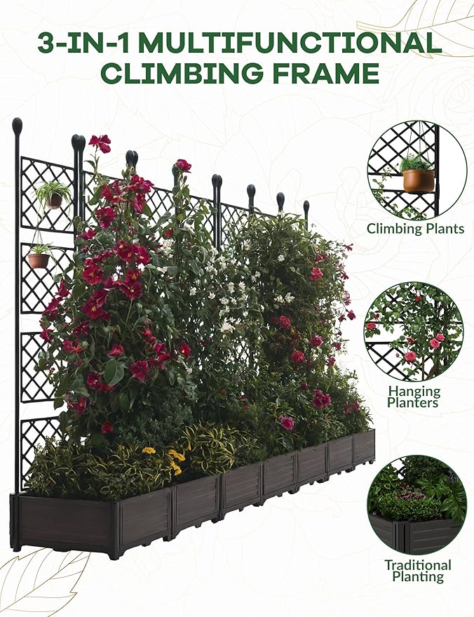7 PCS Raised Garden Bed with Trellis & Privacy Screen, 116" w x 63" Tall Vertical Garden Planter Box for Climbing Plants - Sturdy Lightweight Outdoor Planter for Vegetables, Flowers on Patio, Balcony
