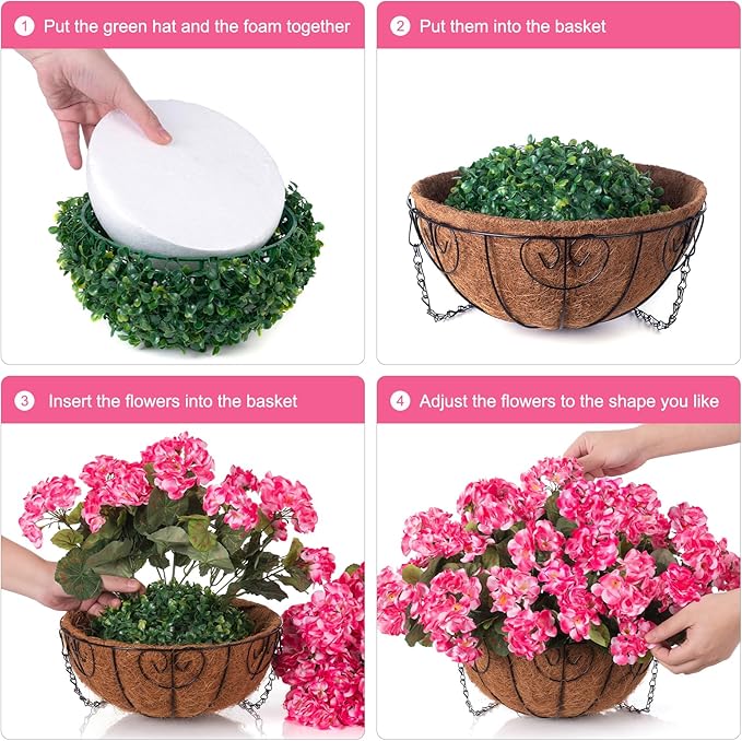 INSPRING Geraniums Artificial Flowers Hanging Basket for Outdoors Outside Spring Decoration, 8 Bundles Silk Flowers Fake Plants Look Real UV Resistant for Porch Home Patio Balcony Yard, Pink