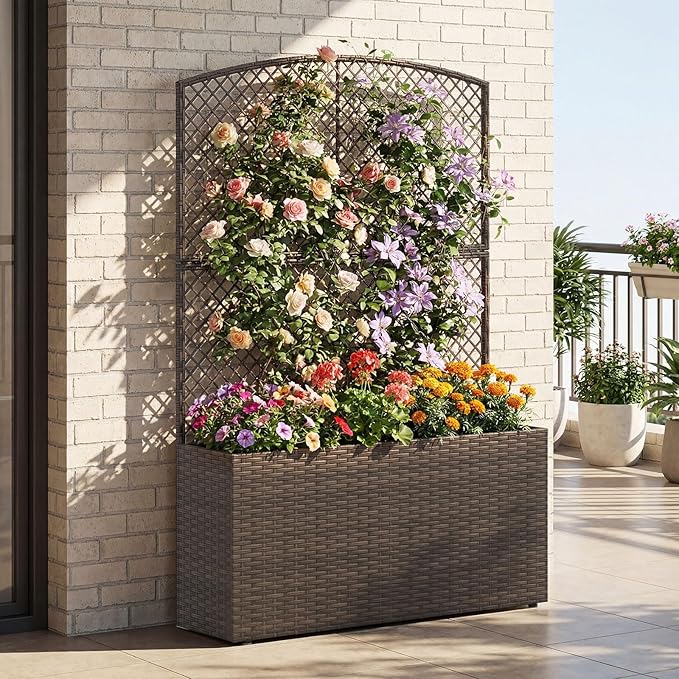 Giantex Raised Garden Bed with Trellis, 58'' Tall PE Rattan Planter Box w/Liner & Drainage, Metal Frame Privacy Screen for Vertical Climbing Plants, Vegetables & Flowers, Patio Balcony Gardening