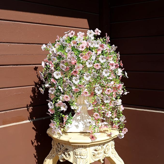 Artificial Flowers for Outdoors Spring Decor, 6 Bundles UV Resistant Realistic Faux Silk Hanging Flowers, Fake Plants for Planter Indoor Outside Garden Porch Patio Balcony Yard (Pink White)