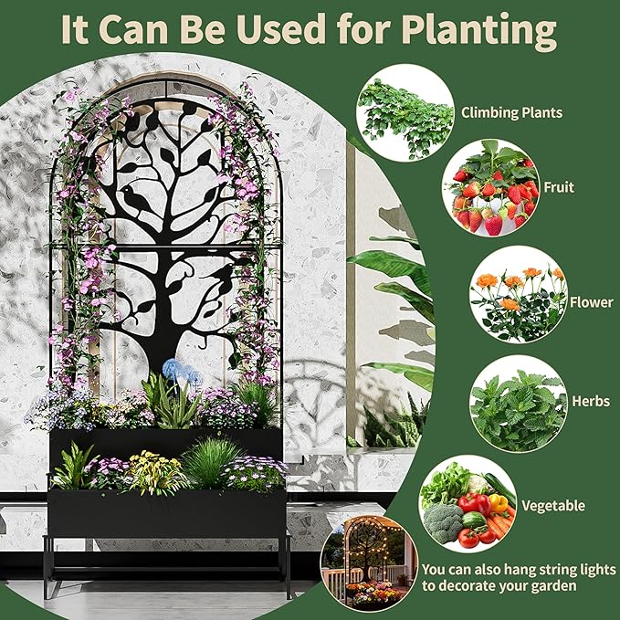 Arched Outdoor Planter Box with Trellis Set of 2 for Climbing Plants, 2 Tiers Metal Privacy Planters for Patio, Raised Garden Bed with Legs, for Vegetables, Balcony, 75.2 x 22 x 34.6 Inch, 2PCS, Black