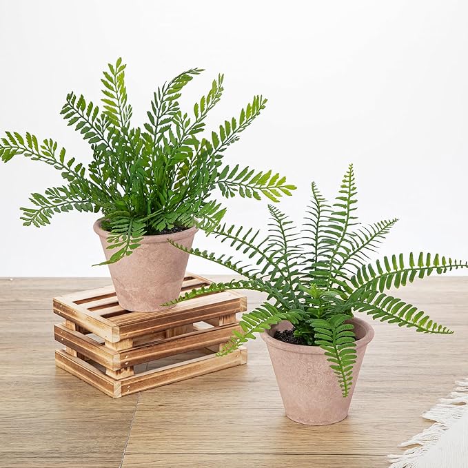 2 Pack Artificial Fern Potted Plant, Faux Fern Plant Small Fake Plants in Pot for Home Office Farmhouse Living Room Bathroom Kitchen Tabletop Desk Shelf Decoration