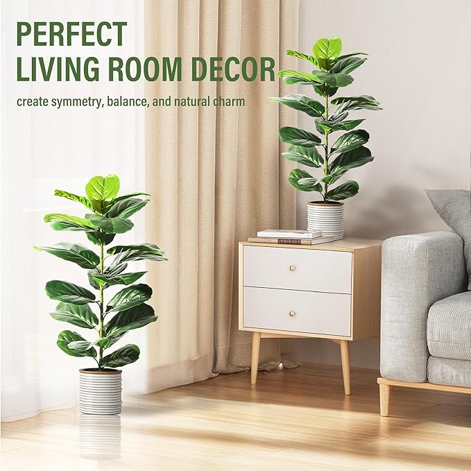 Suntee 2 Pack Artificial Fiddle Leaf Fig Tree, 30" Ficus Lyrata Fake Plants with Pots, Floor Plant Outdoor Faux Plants for Living Room, Corner, Office, Patio, Windowsill Decor