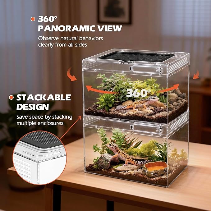AZV Reptile Terrarium Starter Kit,8 Piece Small Reptile Tank with Escape-Proof Locks,Mesh Top,Multi-Vent Compatible Habitat,Durable Clear PC,Easy-Clean Waterproof Base for Geckos,Frogs,Spiders Large